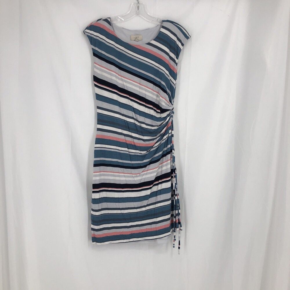 Ann Taylor Loft Midi Dress M Striped Pink Blue Sleeveless Ruched Side Stretch